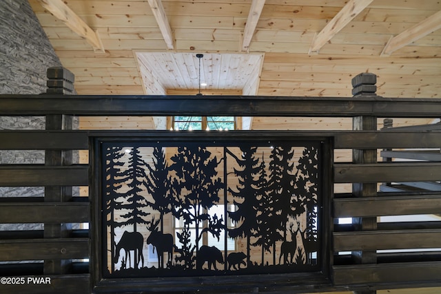 detailed view of a wooden ceiling with exposed beams