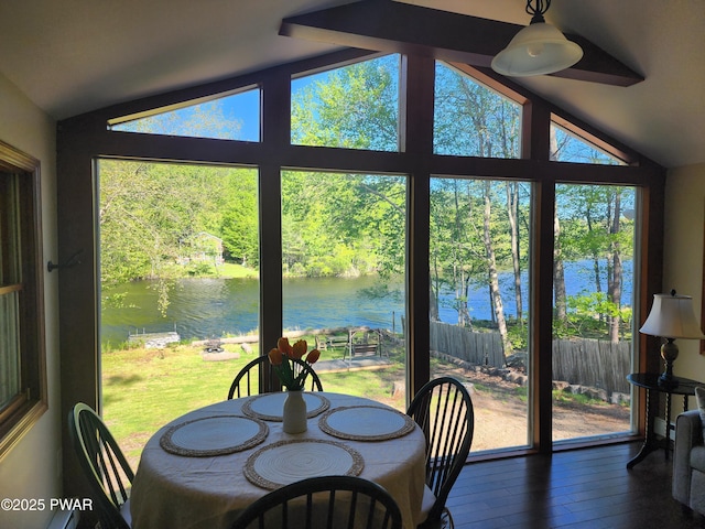 135 Outer Dr, Dingmans Ferry, PA 18328 - sunroom featuring a water view, vaulted ceiling, plenty of natural light, and view of wooded area