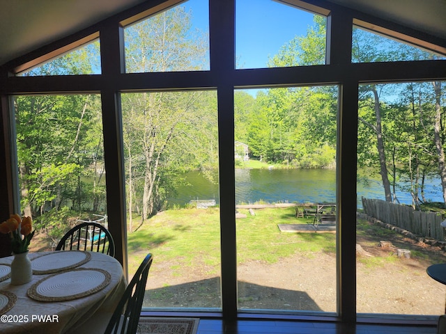 135 Outer Dr, Dingmans Ferry, PA 18328 - entryway with a water view, lofted ceiling, and view of scattered trees