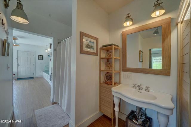 bathroom featuring a shower with curtain and hardwood / wood-style flooring