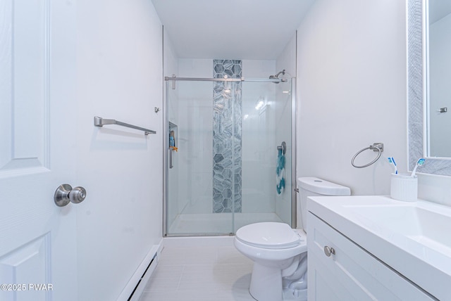 bathroom with vanity, tile patterned floors, a shower with door, and toilet