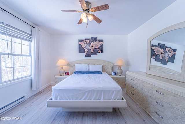 bedroom featuring baseboard heating, ceiling fan, and light wood-type flooring