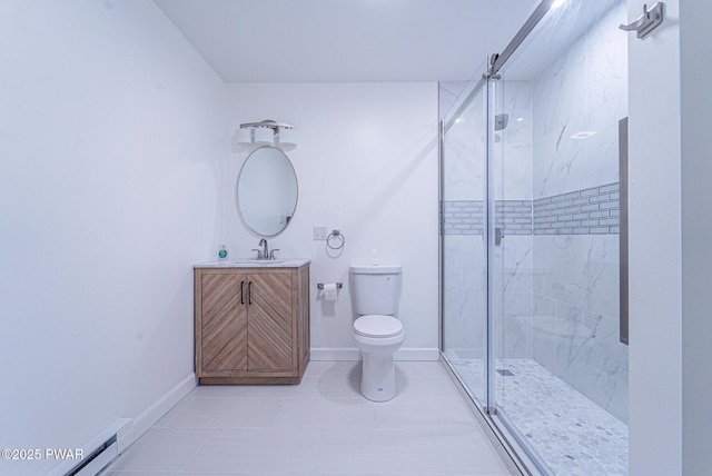 bathroom with vanity, a baseboard heating unit, toilet, and walk in shower