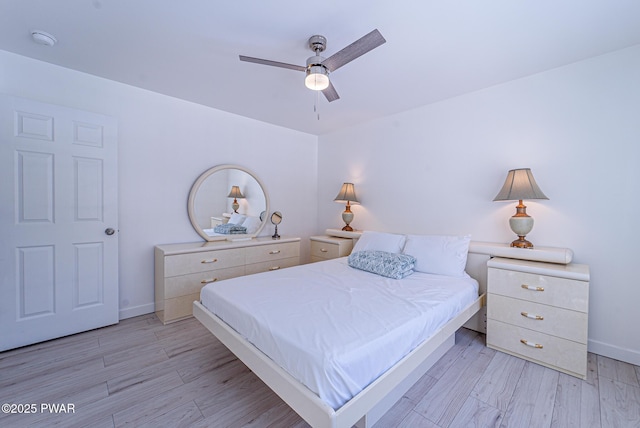 bedroom with ceiling fan and light wood-type flooring