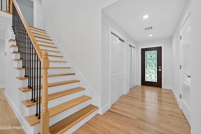 120 Milford Estates Dr, Milford, PA 18337 - entrance foyer with stairway, light wood-style floors, and recessed lighting