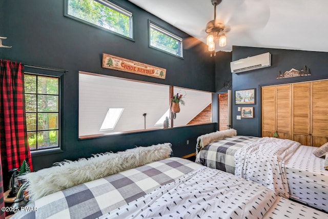 803 Deerfield Rd, Lake Ariel, PA 18436 - bedroom with a wall mounted AC, a towering ceiling, a closet, and ceiling fan