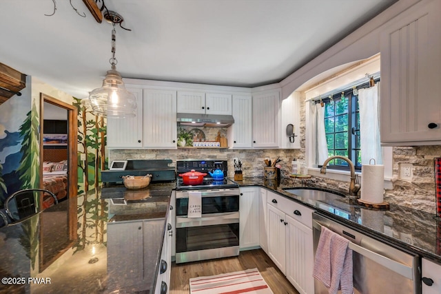803 Deerfield Rd, Lake Ariel, PA 18436 - kitchen featuring stainless steel appliances, under cabinet range hood, tasteful backsplash, and light wood-style floors