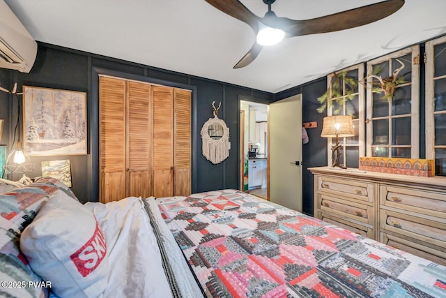 803 Deerfield Rd, Lake Ariel, PA 18436 - bedroom featuring a wall mounted air conditioner, a closet, and ceiling fan