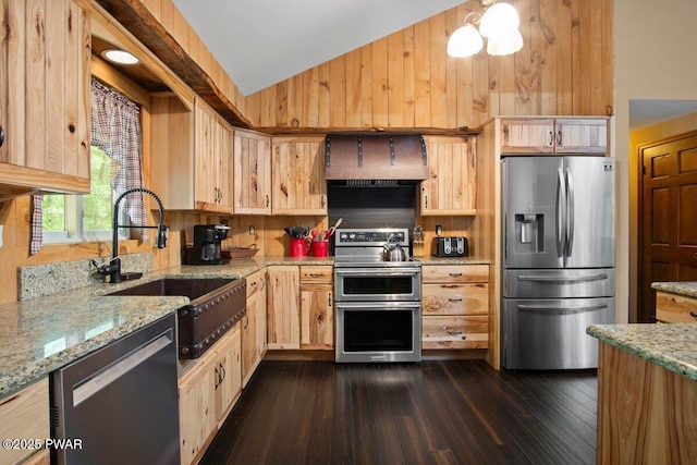 141 Constitution Dr, Lackawaxen, PA 18435 - kitchen featuring stainless steel appliances, extractor fan, a sink, light brown cabinetry, and wooden walls