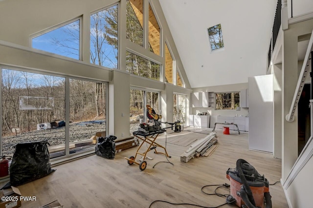 workout area featuring a towering ceiling, a healthy amount of sunlight, and light hardwood / wood-style flooring