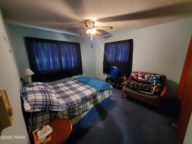188 Forest Ridge Dr, Hawley, PA 18428 - carpeted bedroom featuring a ceiling fan and a textured ceiling