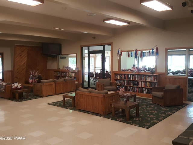 188 Forest Ridge Dr, Hawley, PA 18428 - lobby with wainscoting, wood walls, and beamed ceiling