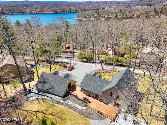 drone / aerial view featuring a water view