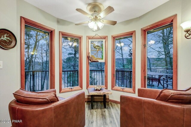 sunroom with ceiling fan