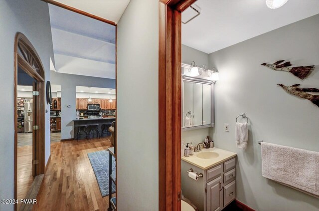 bathroom featuring vanity, hardwood / wood-style floors, and tasteful backsplash