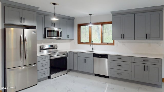 158 Wild Meadow Dr, Milford, PA 18337 - kitchen with appliances with stainless steel finishes, gray cabinets, light marble finish floors, and tasteful backsplash