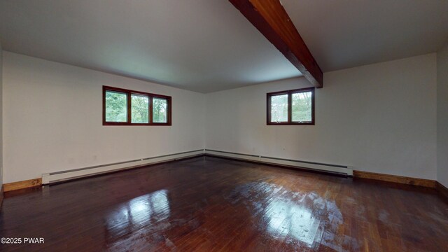 158 Wild Meadow Dr, Milford, PA 18337 - unfurnished room featuring hardwood / wood-style flooring, baseboard heating, beamed ceiling, and a baseboard radiator