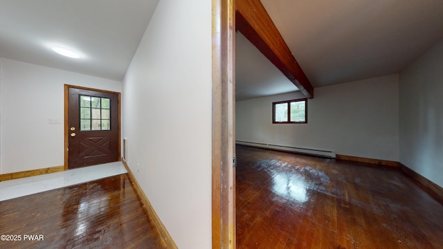 158 Wild Meadow Dr, Milford, PA 18337 - entryway featuring baseboard heating, wood-type flooring, and beamed ceiling