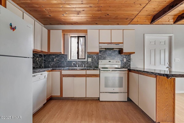 kitchen with white appliances, kitchen peninsula, light wood-type flooring, and wooden ceiling