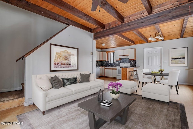 living room featuring ceiling fan, wooden ceiling, beam ceiling, and light hardwood / wood-style flooring