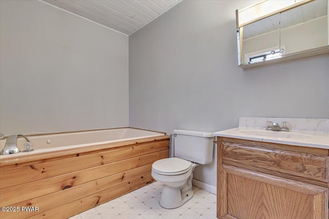 bathroom with lofted ceiling, toilet, vanity, and wooden ceiling