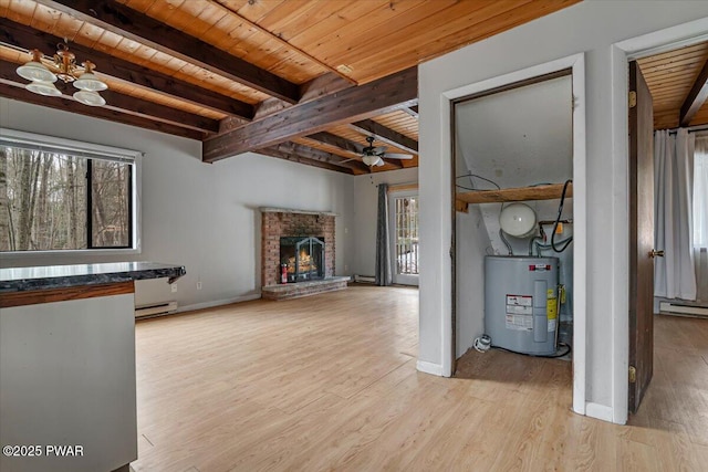 basement with a brick fireplace, light hardwood / wood-style flooring, wooden ceiling, electric water heater, and a baseboard heating unit