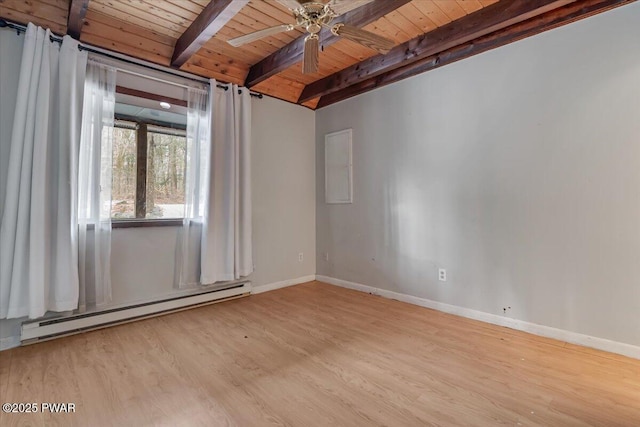 unfurnished room featuring wood ceiling, light hardwood / wood-style flooring, ceiling fan, beam ceiling, and a baseboard heating unit