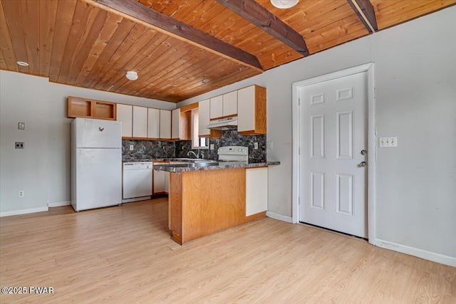 kitchen with wooden ceiling, kitchen peninsula, white appliances, decorative backsplash, and white cabinets