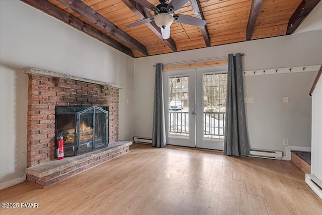 unfurnished living room with light hardwood / wood-style floors, wooden ceiling, french doors, and baseboard heating