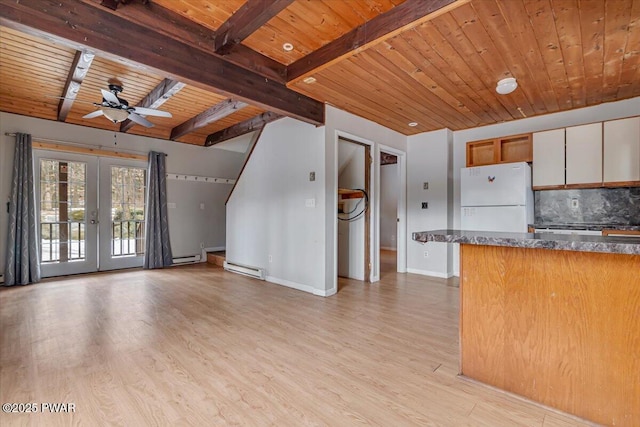 kitchen featuring light hardwood / wood-style flooring, tasteful backsplash, wooden ceiling, french doors, and white fridge