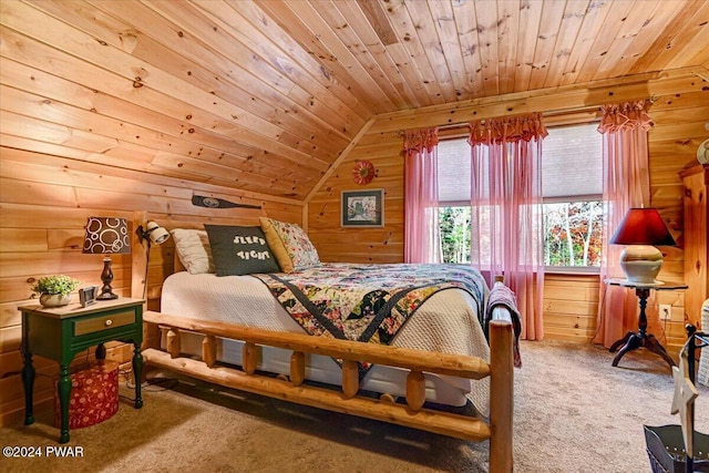 carpeted bedroom featuring lofted ceiling, wooden walls, and wooden ceiling