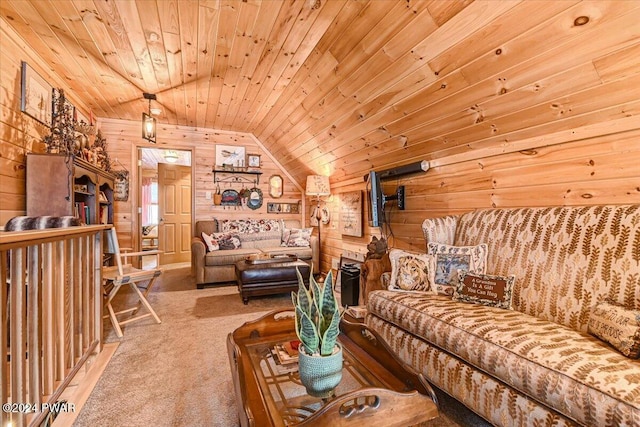 carpeted living room with lofted ceiling, wood walls, and wood ceiling