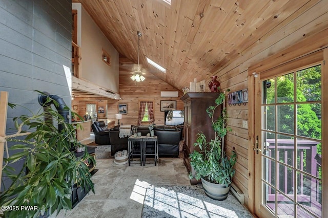 8 Brentwood Ct Lot 1019, Lake Ariel, PA 18436 - living area featuring wood walls, wood ceiling, a wall mounted air conditioner, a ceiling fan, and stone finish floors