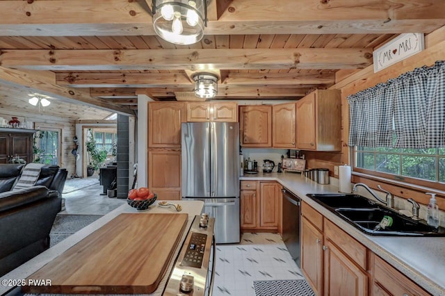 8 Brentwood Ct Lot 1019, Lake Ariel, PA 18436 - kitchen with freestanding refrigerator, dishwashing machine, plenty of natural light, a sink, and wooden ceiling with exposed beams
