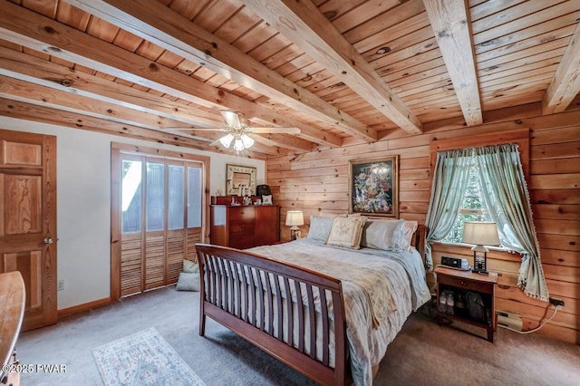 8 Brentwood Ct Lot 1019, Lake Ariel, PA 18436 - bedroom with carpet flooring, wood ceiling with exposed beams, baseboards, and wooden walls