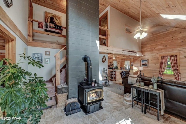 8 Brentwood Ct Lot 1019, Lake Ariel, PA 18436 - living area with a wood stove, a ceiling fan, high vaulted ceiling, wooden walls, and wood ceiling