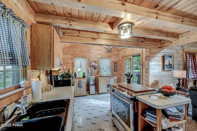 8 Brentwood Ct Lot 1019, Lake Ariel, PA 18436 - kitchen with a sink, electric stove, wooden ceiling with exposed beams, and wooden walls