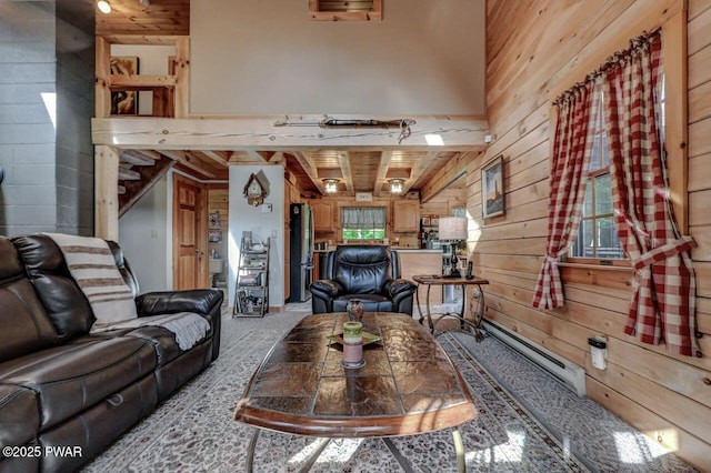 8 Brentwood Ct Lot 1019, Lake Ariel, PA 18436 - living room with wooden walls, a baseboard heating unit, and light carpet