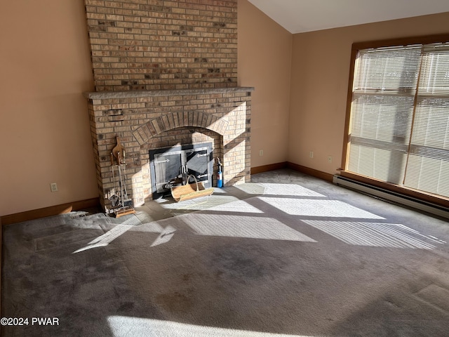 unfurnished living room with lofted ceiling, light carpet, and a baseboard radiator