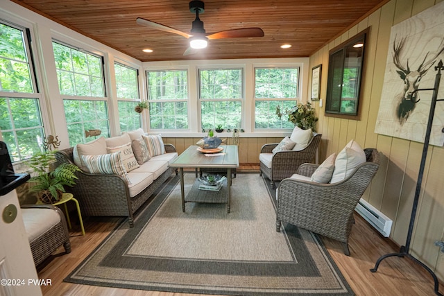 sunroom featuring a baseboard heating unit, ceiling fan, and wooden ceiling