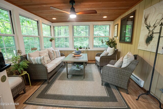 70 Underwood Ln, Lake Ariel, PA 18436 - sunroom featuring a baseboard heating unit, ceiling fan, and wooden ceiling