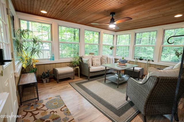 sunroom / solarium with ceiling fan and wood ceiling