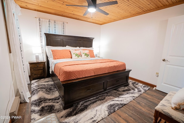 bedroom with crown molding, ceiling fan, dark wood-type flooring, and wooden ceiling