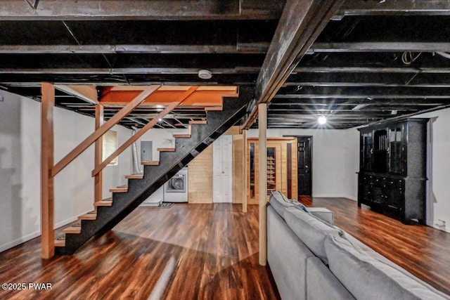 105 Chestnut Ct, Lackawaxen, PA 18435 - finished basement featuring stairs, washer / dryer, wood finished floors, and electric panel