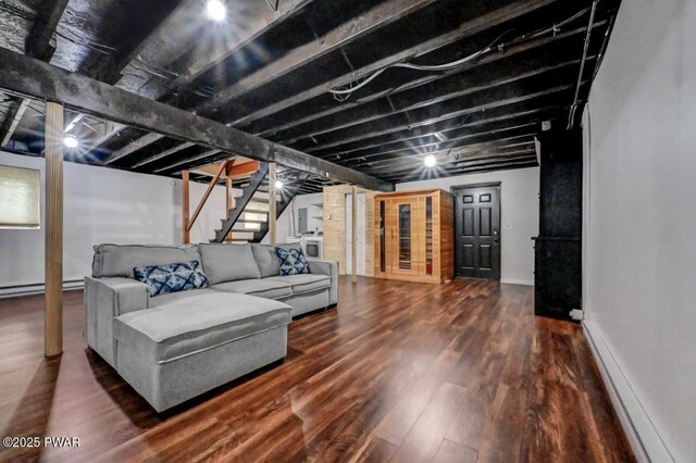 105 Chestnut Ct, Lackawaxen, PA 18435 - living room with stairs, wood finished floors, baseboard heating, and baseboards
