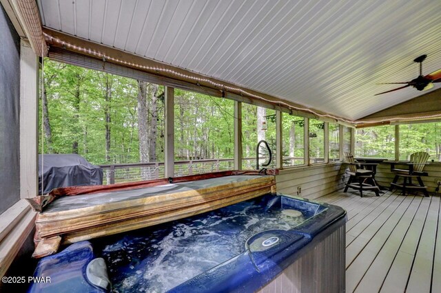 105 Chestnut Ct, Lackawaxen, PA 18435 - sunroom / solarium with a hot tub, ceiling fan, and vaulted ceiling