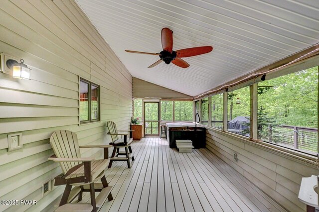 105 Chestnut Ct, Lackawaxen, PA 18435 - wooden terrace featuring a hot tub and ceiling fan