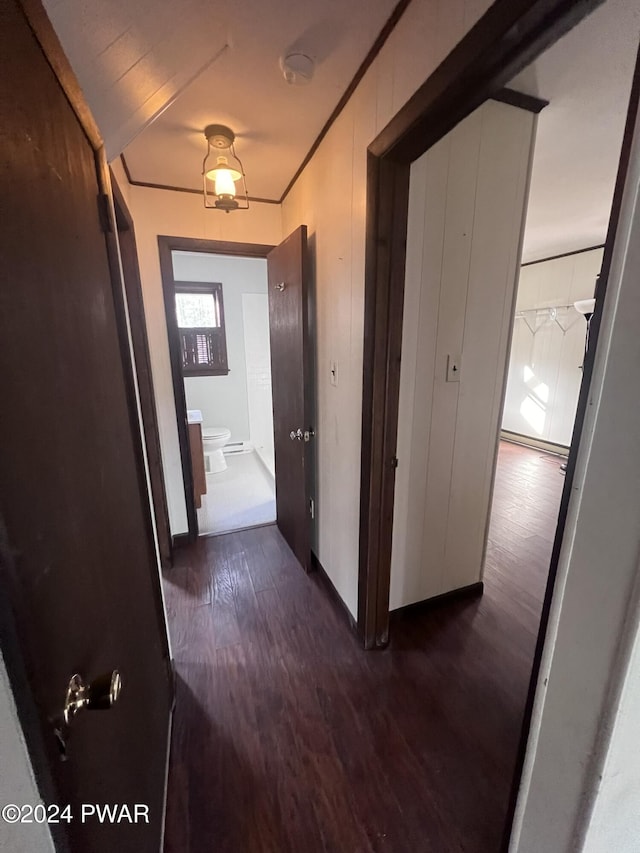 hall with dark hardwood / wood-style floors and ornamental molding