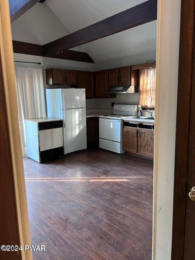 kitchen featuring vaulted ceiling with beams, sink, dark hardwood / wood-style floors, and white appliances