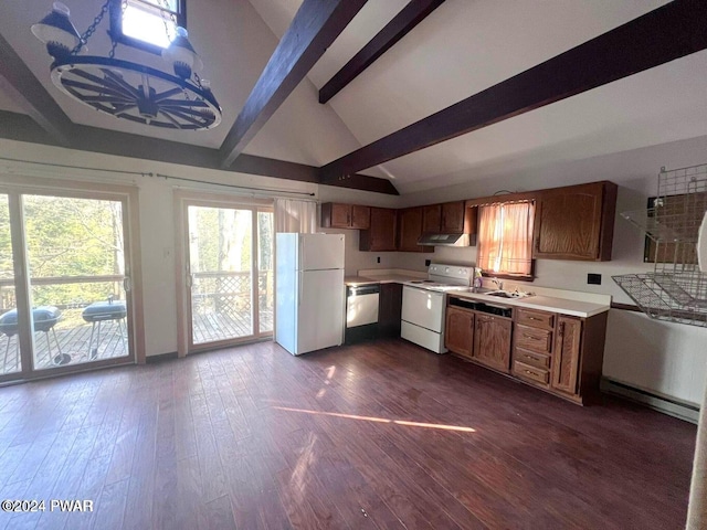 kitchen with sink, dark hardwood / wood-style flooring, lofted ceiling with beams, a chandelier, and white appliances